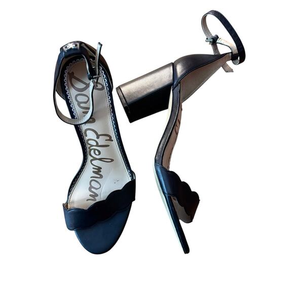 Sam Edelman Odila Scalloped Sandal Heel Size 8.5 Black Leather - Picture 1 of 6